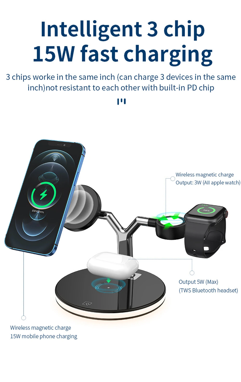 

3In1 Magnetic Wireless Charger Mobile Phone Bracket For iPhone 13 Xiaomi Huawei for Samsung Watch Headset 15W Fast Charging Base