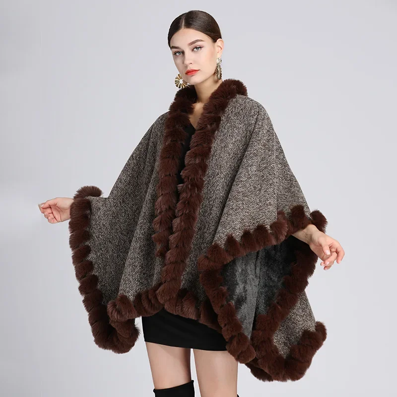 

Thicken Faux Rex Rabbit Fur Cape Big Shawl Fashion Women Wraps Knit Cardigan Coat Velvet Lining Warm Cloak Fall 1.1kgs X1153