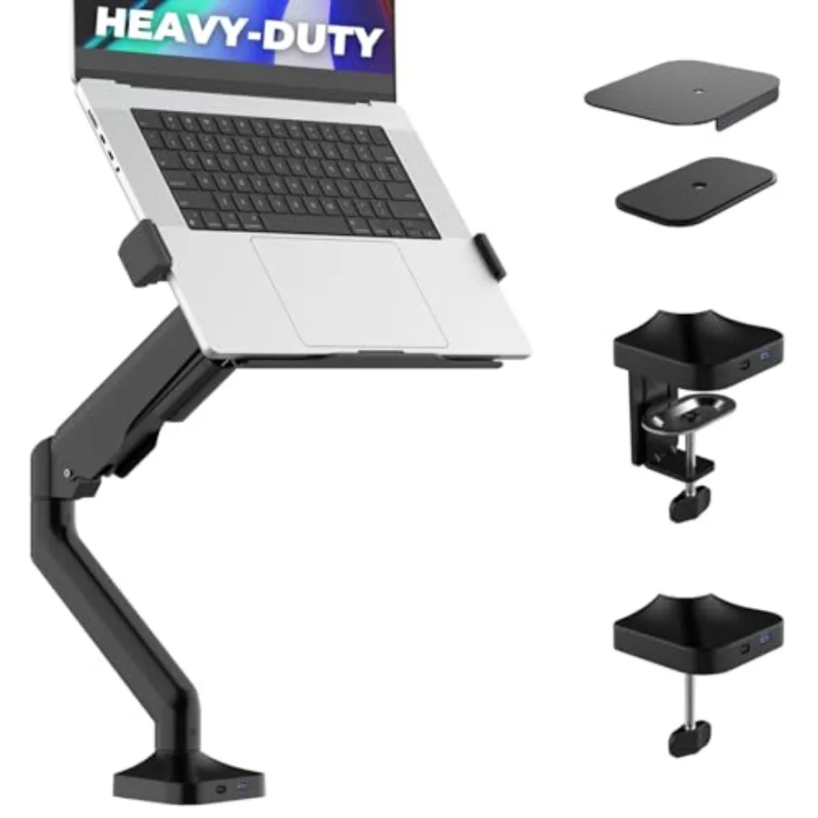 

Heavy-Duty Standing Laptop Mount for Desk Use: Steel, Black, Fully Adjustable Gas Spring Arm with Clamp Grommet Base and Protec