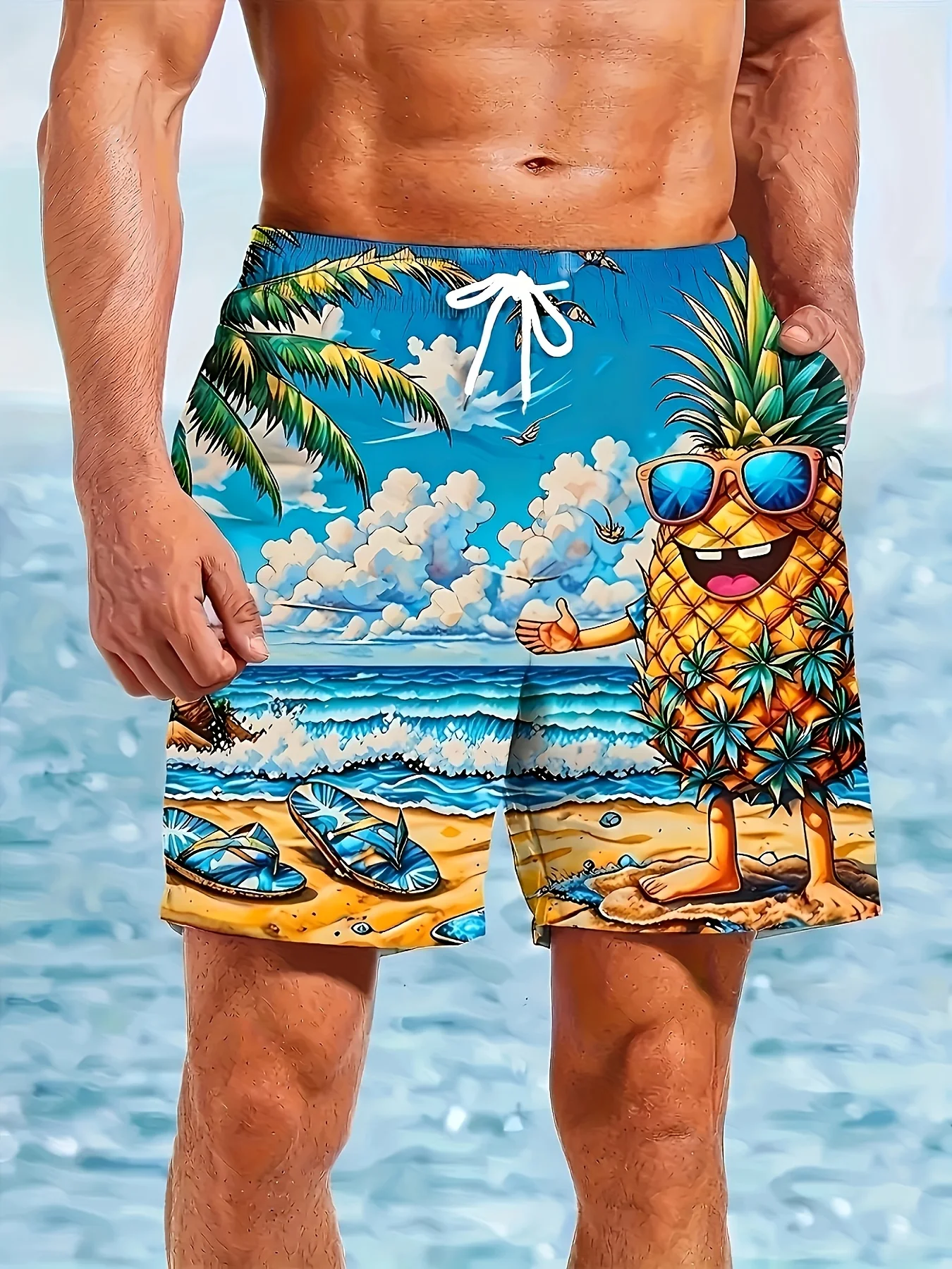 

Men'S Pineapple Pattern Beach Shorts - 100% Polyester Quick-drying Swim Trunks With Drawstring Waistband And For Summer
