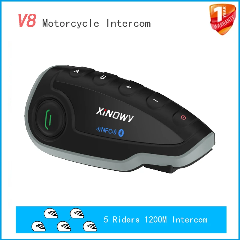 XINOWY V8 Motorcycle Helmet Intercom Headset For 5 Riders 1200M Full Duplex Talking Interphone FM Radio IP65