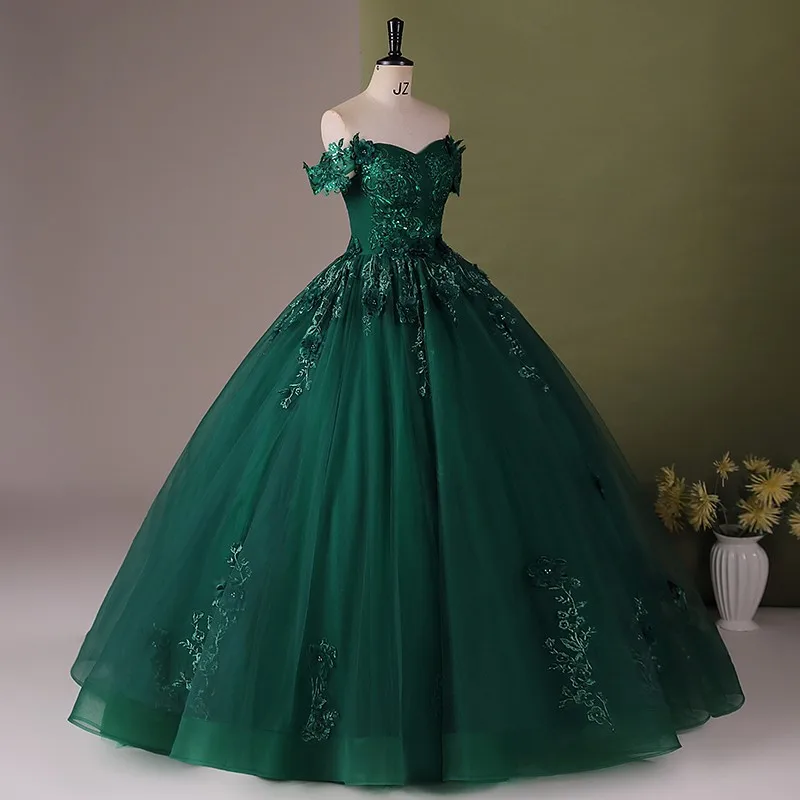 Vestido De quinceañera verde oscuro con apliques De hombros descubiertos, vestido De fiesta De graduación, vestido De baile De encaje con tren pequeño, 15