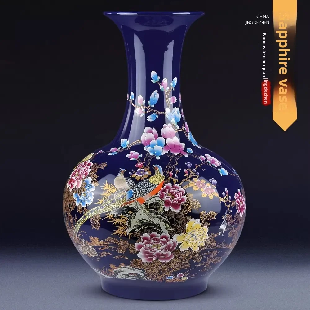 CX sapphire blue glazed bottle cloisonne peony golden chicken vase Chinese ceramic ornament
