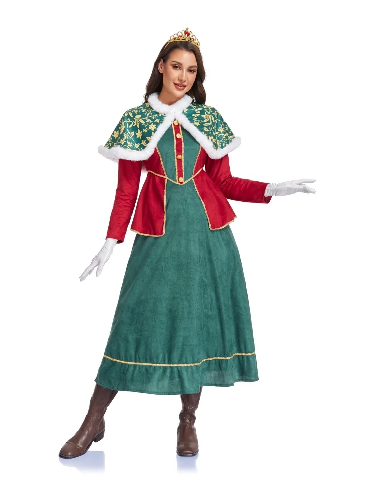 Neues Weihnachtsmann-Neujahrsparty-Kostüm für Damen, Rot-Grünes Kleid mit Umhang, Karnevalskostüm für Bühnenauftritte – Detail 4
