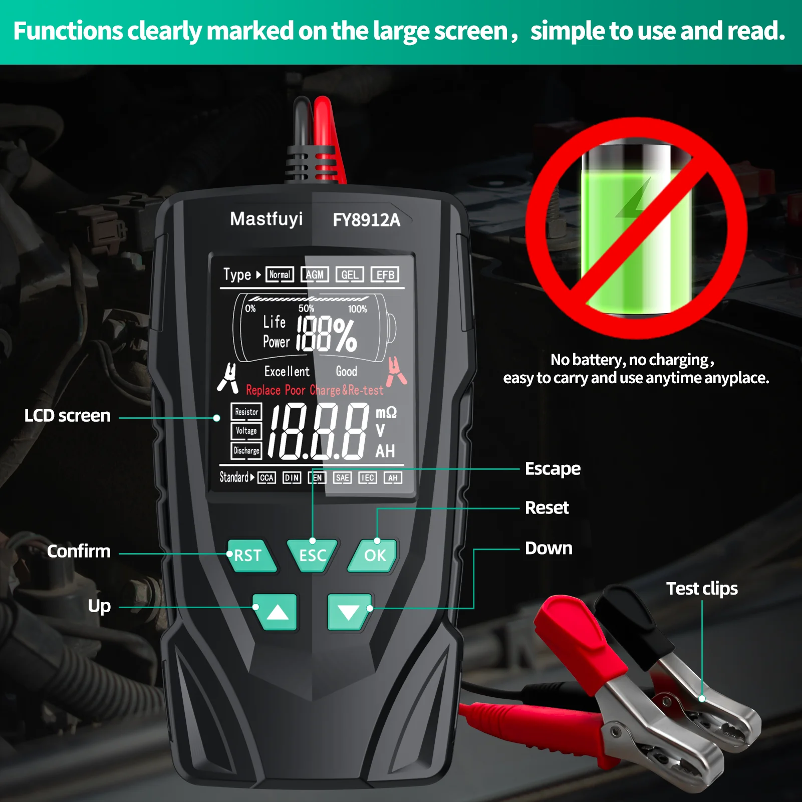 MASTFUYI FY8912A Auto-accutester 12V 24V Auto Motor Vrachtwagen Batterijbewaking, batterijbelasting, batterijcapaciteitstester