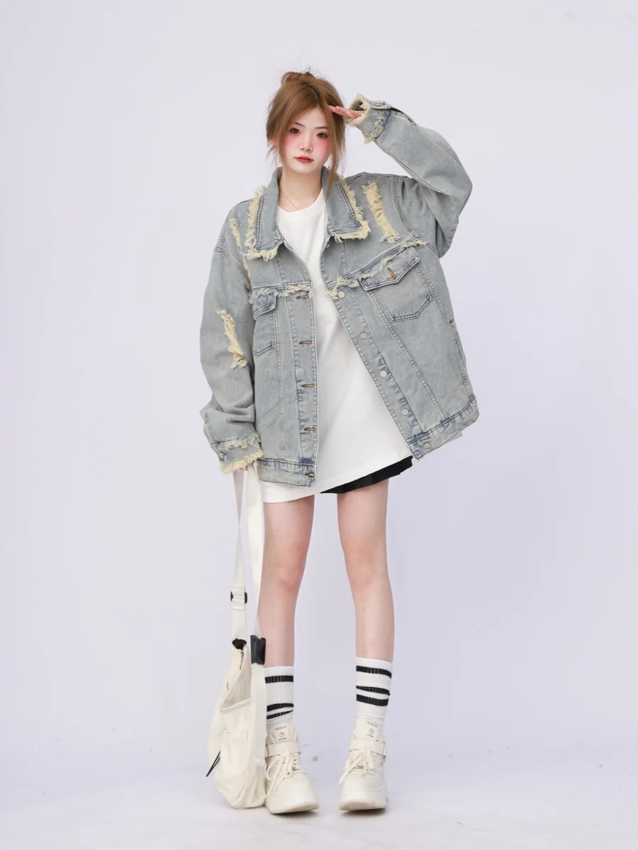 

2026 New Oversize Workwear Waed Ripped Denim Jaet Women's Autumn Winter Coat High Street Sle Long Sve Collar