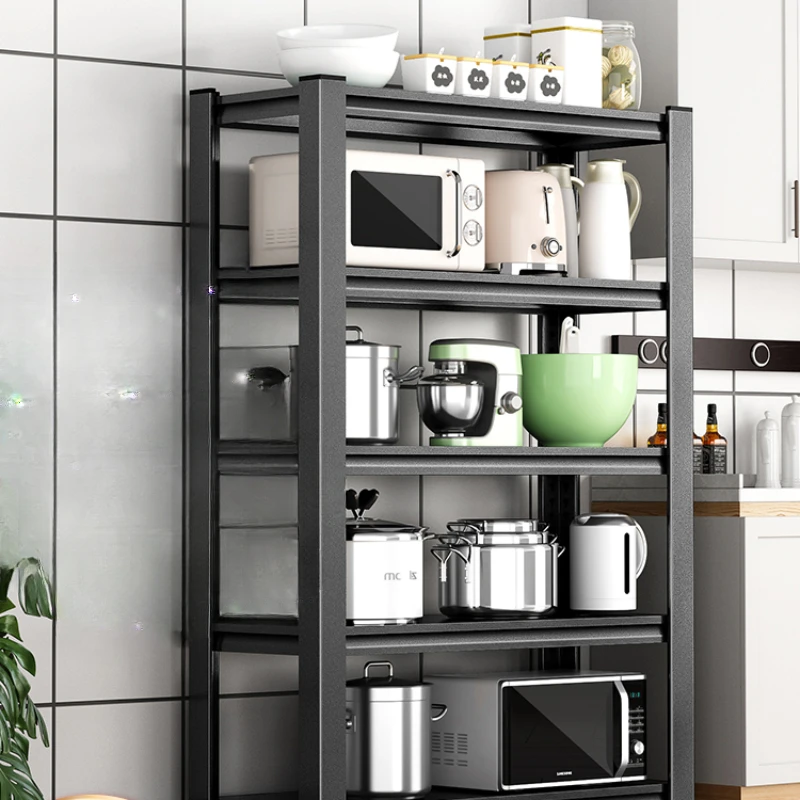 Five-layer black household shelves, floor-to-ceiling multi-layer kitchen storage shelves, living room storage and sorting,