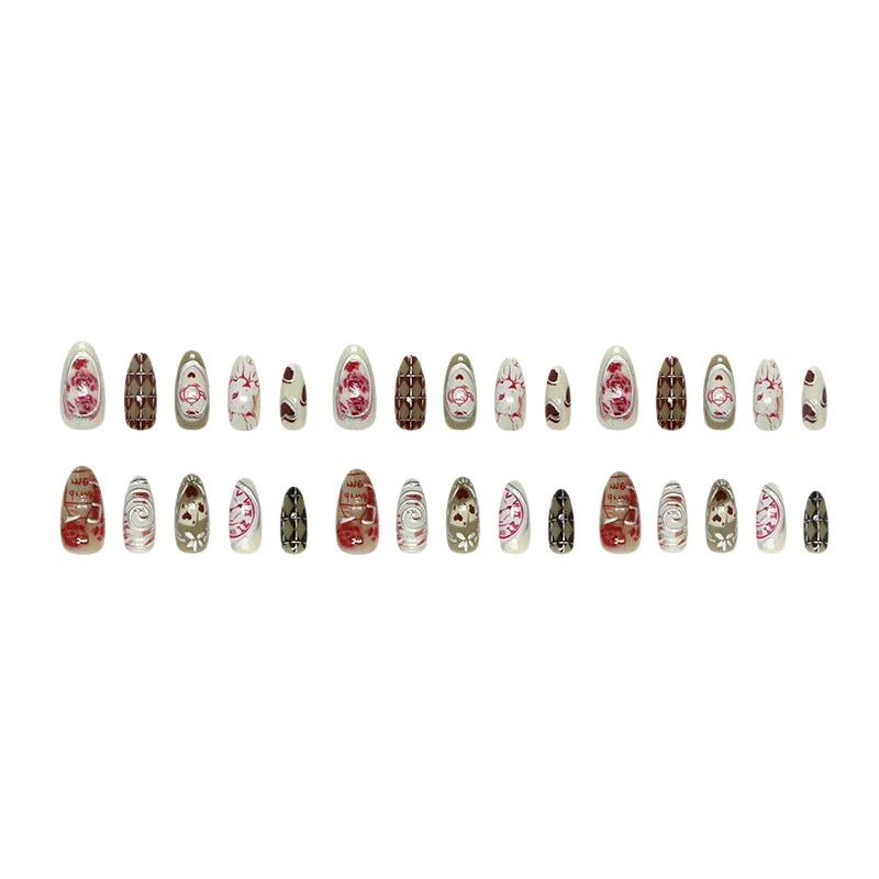 30 piezas Uñas postizas 3D Dream Rose Corazón y animal Ola Uñas postizas cortas en forma de almendra Cobertura completa para mujeres y niñas Falso arte de uñas 5