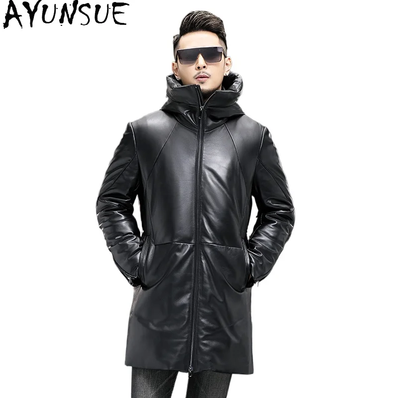 

AYUNSUE 100% Genuine Sheepskin Jacket Man Leather Winter Mid-length Hooded Windbreaker Warm White Duck Down Jackets Puffer Coat