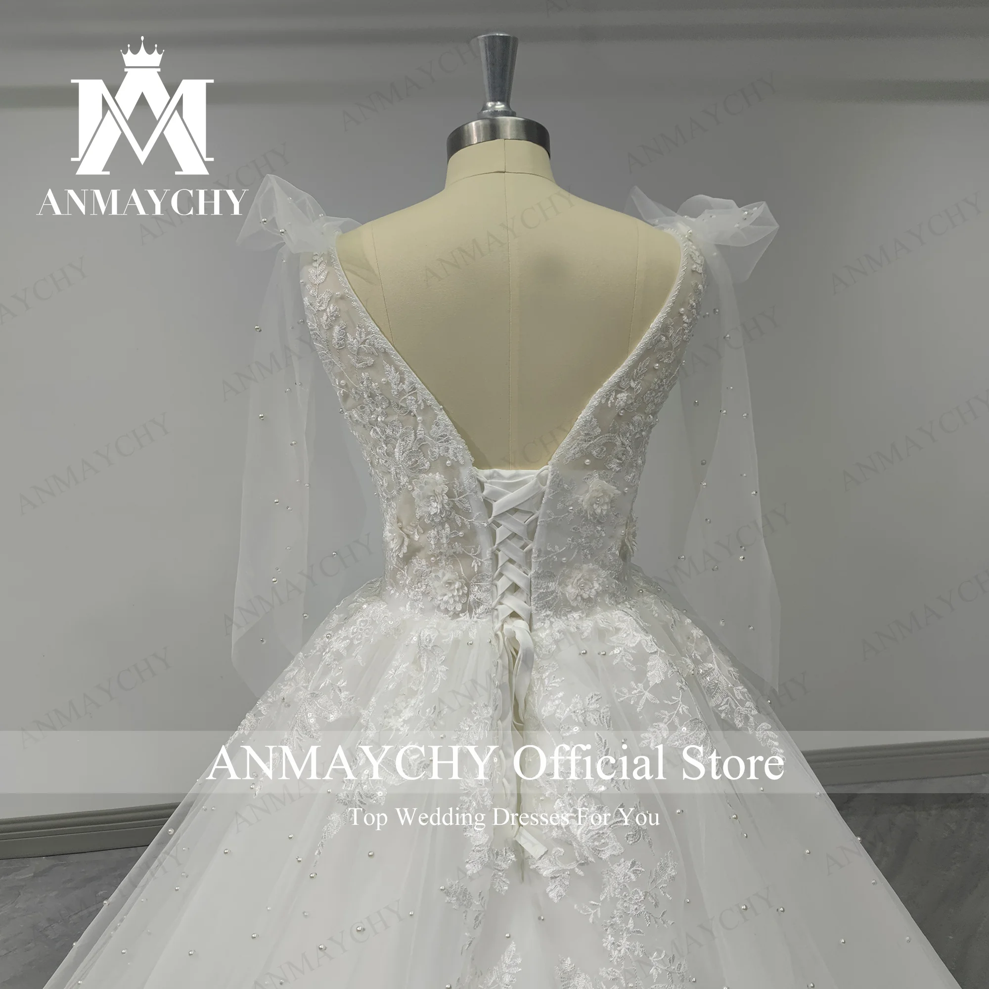 ANMAYCHY Ball Gown Wedding Dresses For Women 2023 V-neck Embroidery Beading 3D Flowers Real Show Wedding Gown Vestidos De Novia