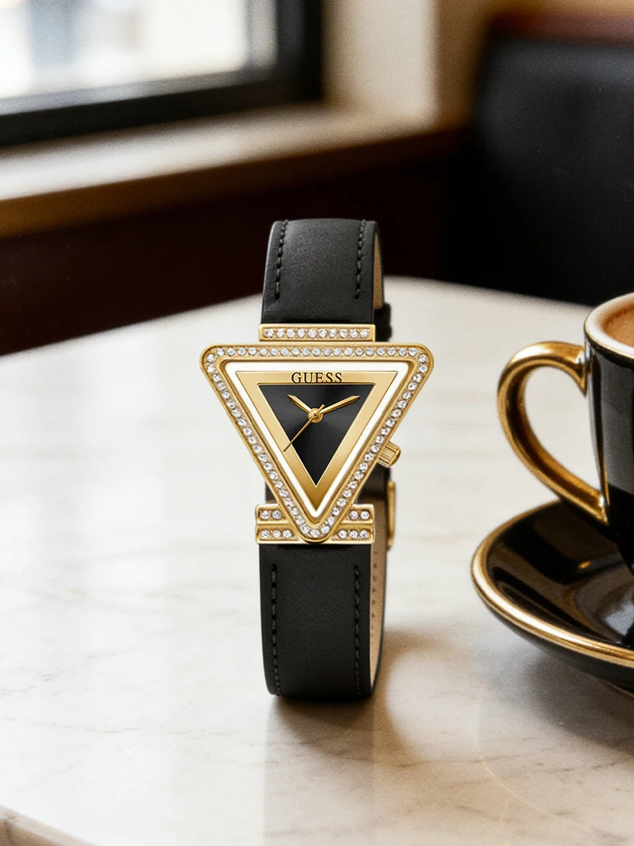 Reloj Triangular GUESS para Mujer con Bisel de Cristal, Correa de Cuero Negra y Dorada, Reloj de Pulsera de Cuarzo, Elegante y de Lujo, Regalo para Amiga