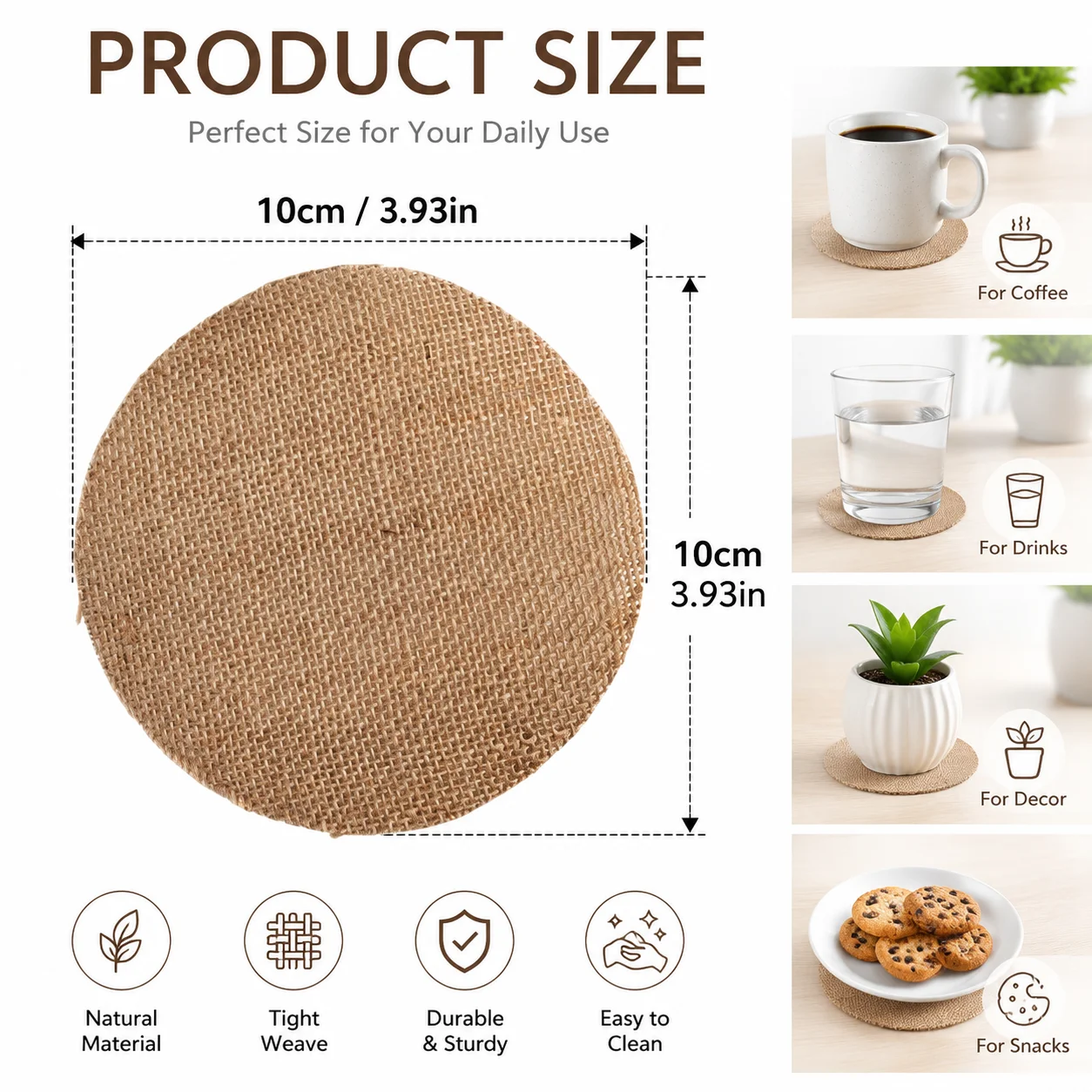 20/50pcs primary color jute round coasters, thick and wear-resistant, cafe desktop decoration, parties.