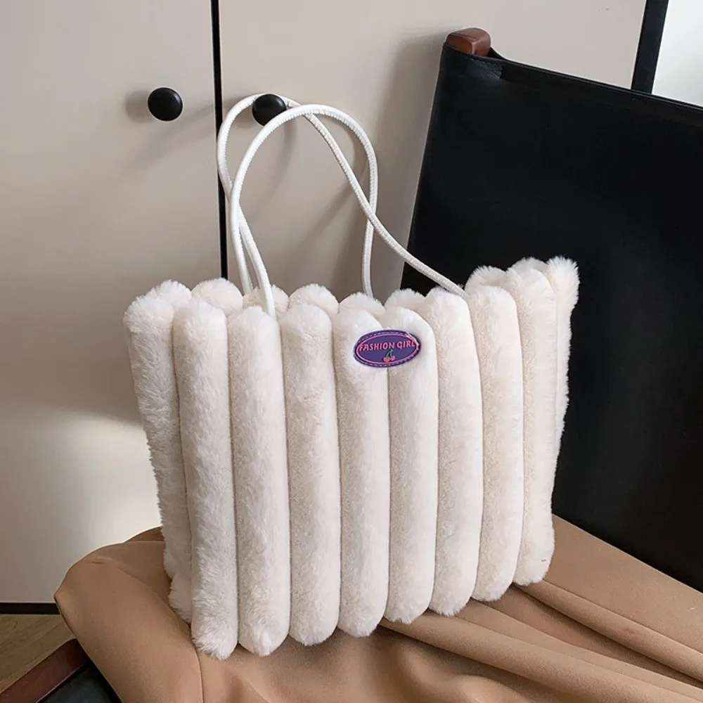 Tas Tote Berbulu Bergaris Poliester Tas Bahu Mewah Kapasitas Besar Portabel Tas Tangan Komuter Kancing Magnetik Lembut Musim Gugur