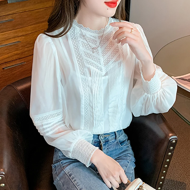 Malha transparente oco para fora camisas ol feminino lanterna manga blusa branca feminina 2025 nova primavera outono elegante camisas de renda feminina