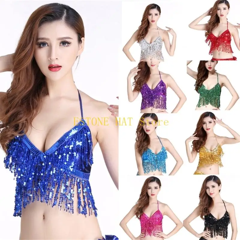 49MF Women's Belly Dance Costume Sequins Tassels Fringes Bra Tops Party Club Wear