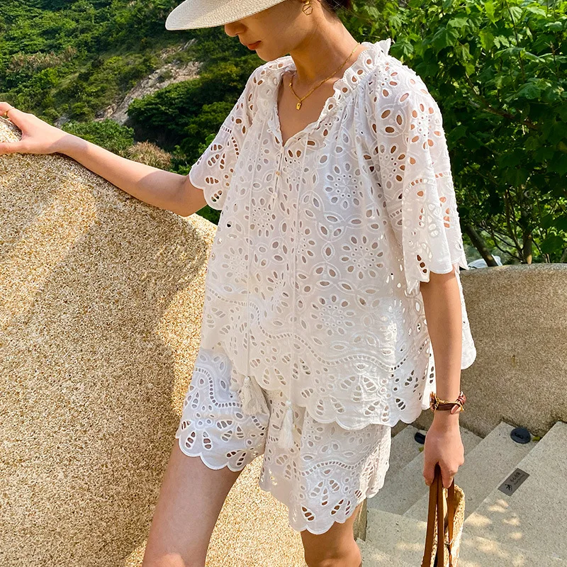 White Embroidered Lace Shirt Shorts Set Summer Vacation Hollow Out 2 Pieces Short Suit 2024 Summer Woman Clothing