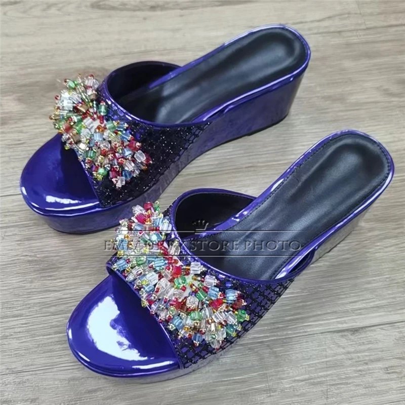 Colorful Rhinestone Diamond Decor Women Sandals High Platform Wedges Luxury Patent Leather Slingbacks Summer Mules