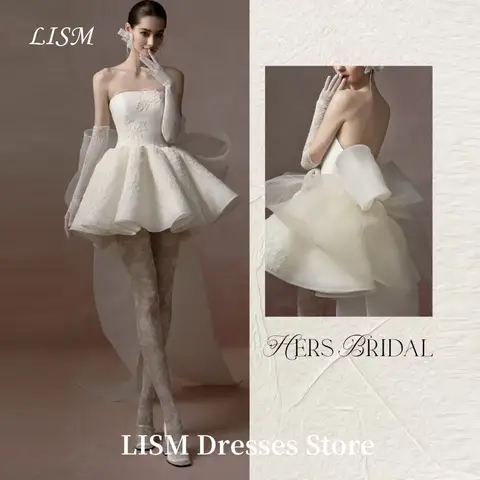 LISM 간단한 A 라인 미니 이브닝 드레스 무릎 길이 위의 Strapless 부드러운 새틴 우아한 댄스 파티 가운 웨딩 드레스 맞춤형 코르셋