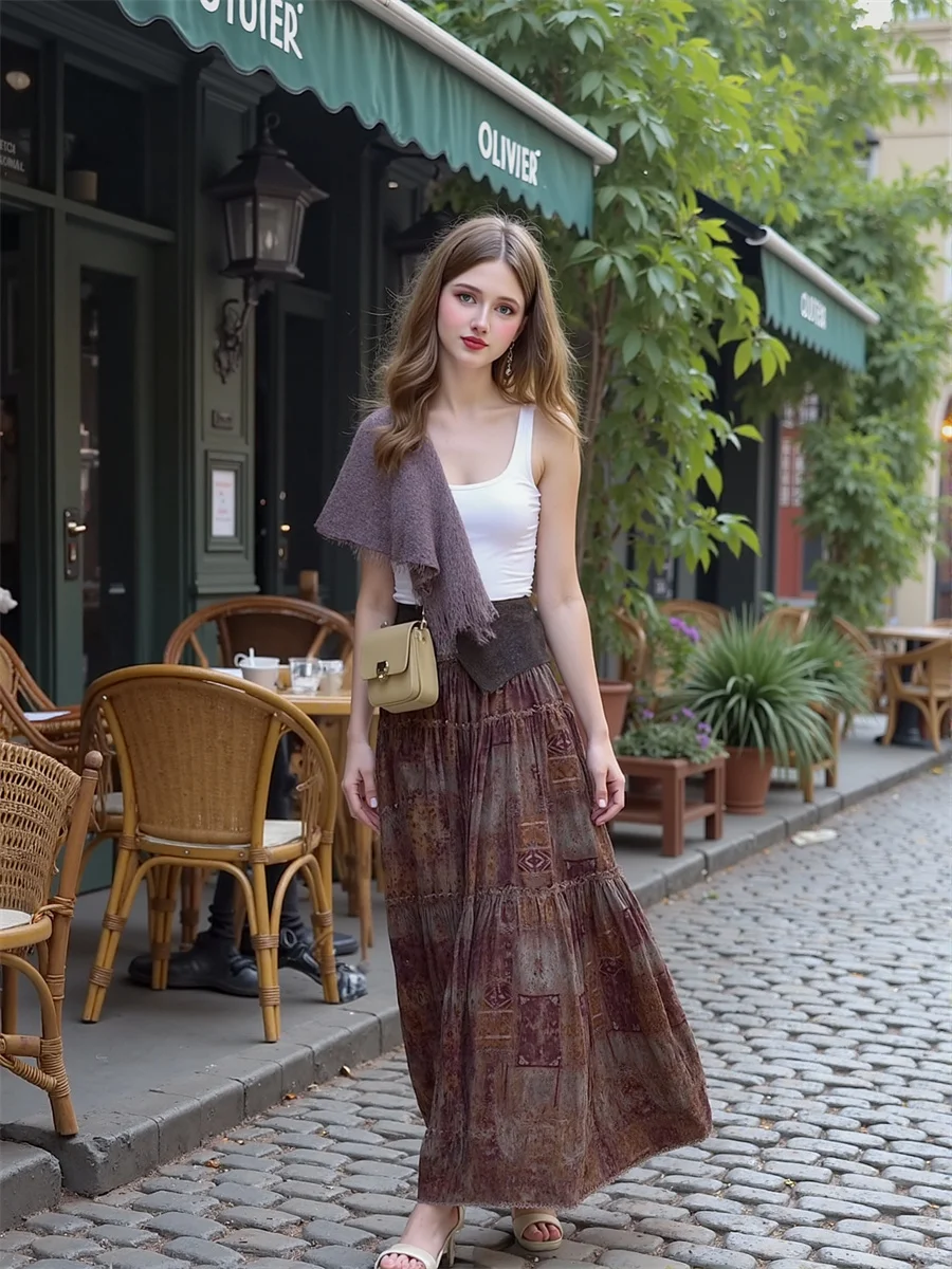 กระโปรงยาวพิมพ์ลายวินเทจสำหรับผู้หญิง ผ้าทูลล์ตาข่ายประดับลูกไม้ ผูกเชือกเอว ทรงเอไลน์ไม่สมมาตร สไตล์ชิค เหมาะสำหรับใส่ไปเที่ยวคลับหรือใส่ลำลอง น้ำหนักเบา