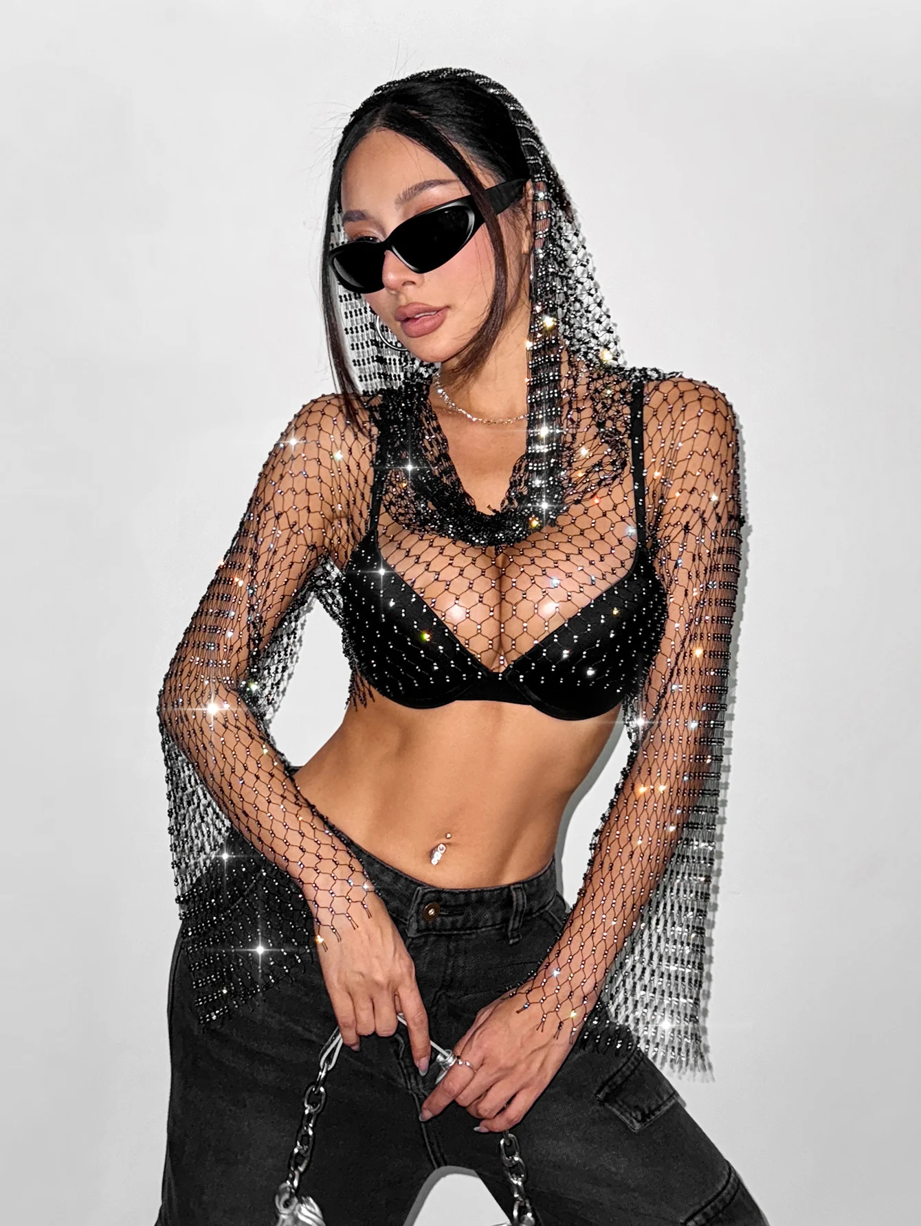 Women Hollow Mesh Hooded Crop Top Shiny Rhinestone See Through Fishnet Long Sleeve V Neck T Shirt Rave Party Club Cover Up