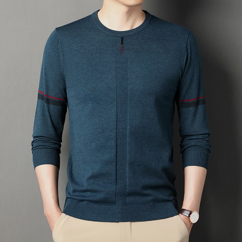 

New 2024 Striped Embroidery Men's Sweater Fashion Solid Color Warm Sweater Business Casual Heart Neckline Sweaters Pullover