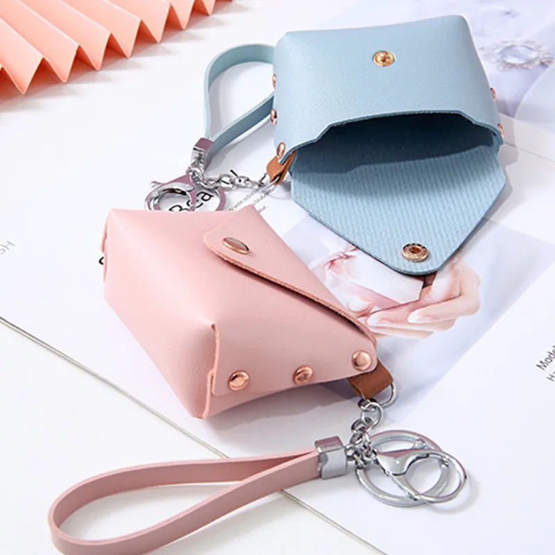 Women\'s Mini PU Leather Coin Bags Money Wallet Solid Color Coin Purse Keychain Earphone Storage Bag Kid Purses Small Handbag Bag