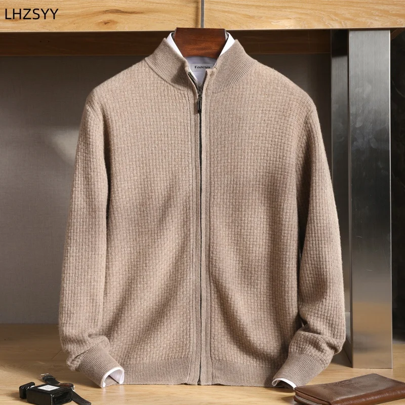 100% Merino Wool Zippered Cardigan Men\'s Stand Collar Loose Knitted Jacket Sweater Business Casual Coat Autumn Genuine Knit Tops