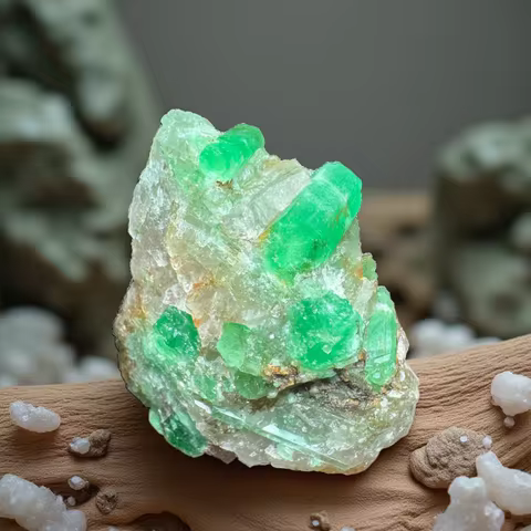 Natural emerald mineral specimen + healing quartz crystals and stones rock gemstone