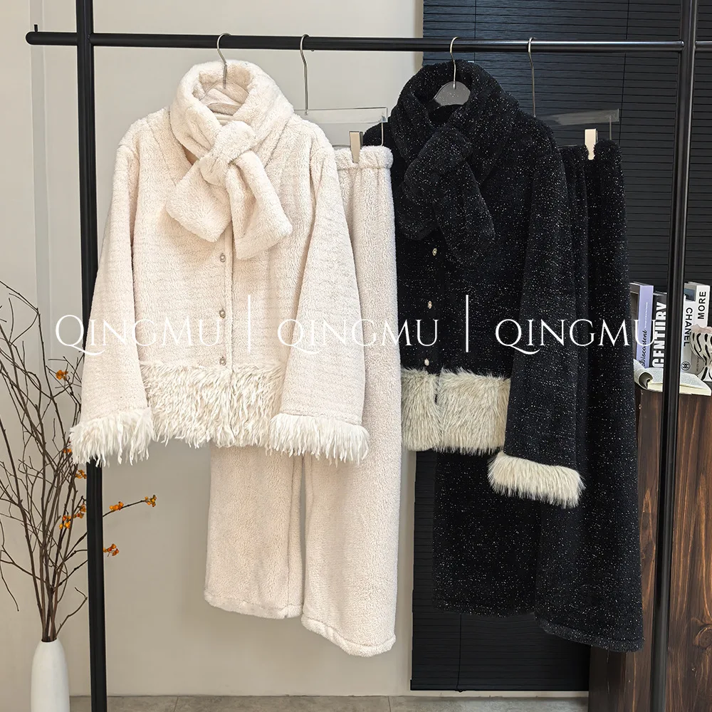 

Luxury Winter New 2PCS Cardigan Pants Pajamas Set Plush Women's Warm Sleepwear Sexy Nightwear Pijamas With Shawl Casual Homewear
