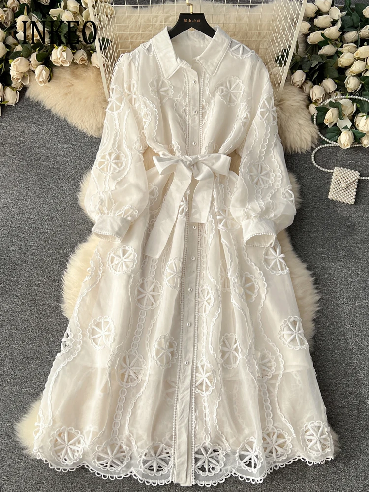 

Luxury Women lace shirt maxi dress Black White Elegant Embroidered Hollow out dress with belt Sexy Beach Summer 2024 INKEO 3D114