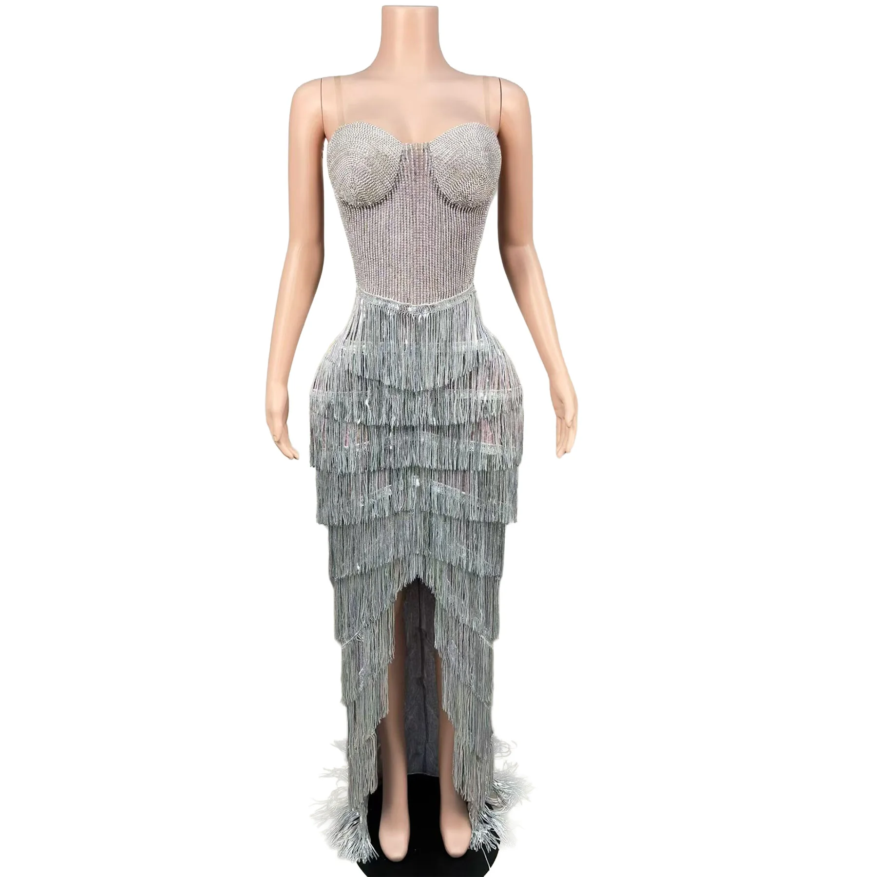 Yinyu Elegant Sweetheart Rhinestone Bustier Long Dress Multi Tier Silver Tassel Fringe High Low Evening Stage Gown