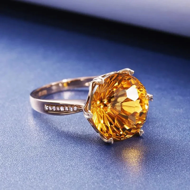 Designer Original Silver Set with Diamonds Romantic Round Citrine Ladies Ring Exquisite Luxury Engagement Wedding Jewelry