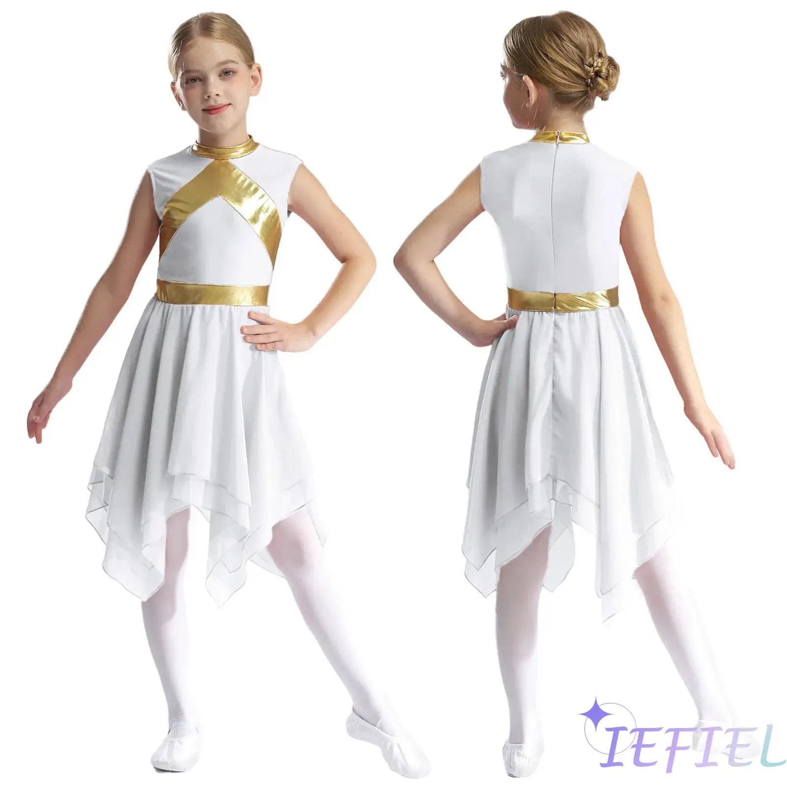 

Girls Christian Worship Praise Dancewear Chiffon Splice Dress Lyrical Liturgical Robe Gown Church Celebration Peformance Costume
