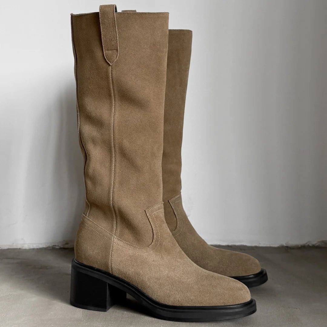 المرأة جلد الغزال الطبيعي جولة تو الانزلاق على الخريف الركبة عالية فارس الأحذية 4.5 سنتيمتر سميكة ميد كعب أحذية طويلة الإناث عادية بيع #3