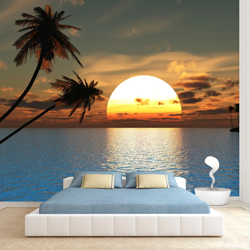 

Modern Custom Peel and Stick Accept Wallpapers for Living Room Sunset Seascape Palm Tree Contact Wall Papers Home Decor Mural