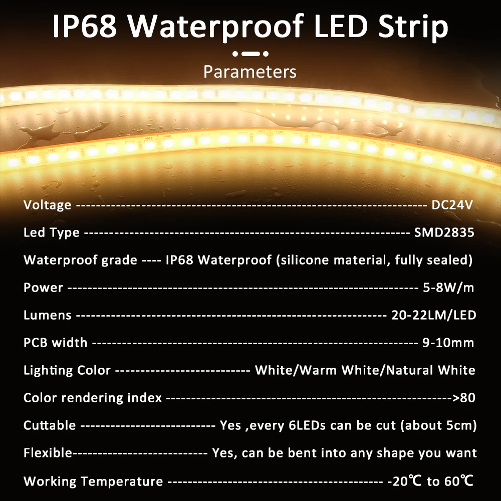 Imagem -03 - Impermeável Led Strip Light Lâmpada de Fita Flexível Iluminação Interior e Exterior Smd 2835 1m 2m 5m 10m 15m 20m 24v 120leds Ip68