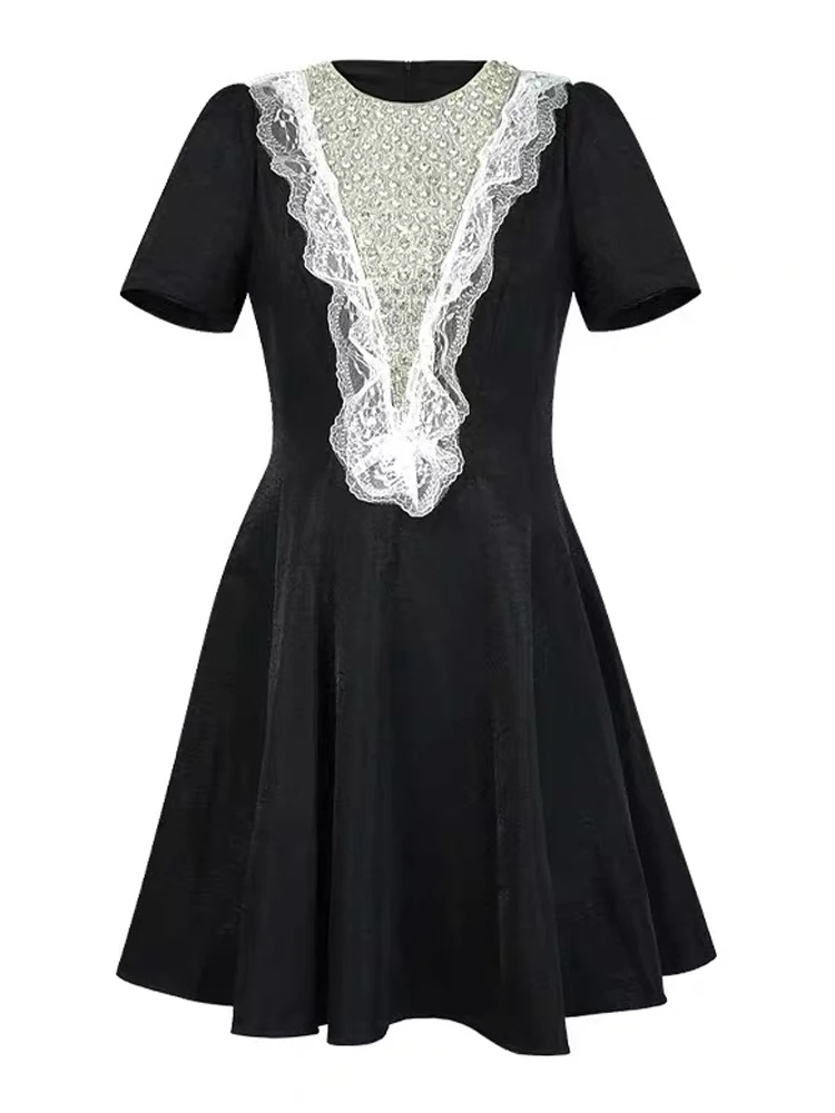 ชุดราตรีผู้หญิงสีดำลูกไม้ระบายแขนสั้นทรงเอเข้ารูปมินิเดรสสั้นหรูหราแฟชั่นงานปาร์ตี้พรอมชุดใหม่