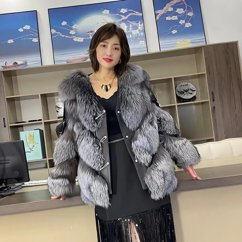 

Hot selling new women's mid-length street style young fashion genuine sheepskin jacket imported fox fur coat