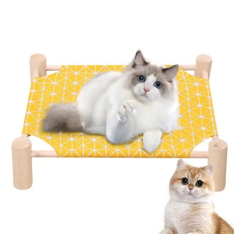 

Pet Cat Hammock Bed Cooling Detachable Wooden Raised Dog Cots Wooden Hammock Bed Breathable Pet Furniture for All Seasons Cats