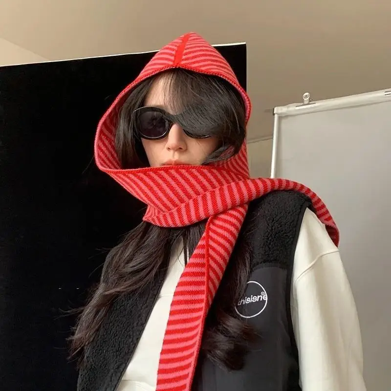 

Women Knitted Hooded Caps Winter Warm Unisex Balaclava Caps Neck Collar Scarf Cap Outdoor One-piece Neck Warmer Beanies Cap