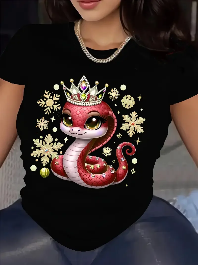 

2025 Fun Snake Pattern Women's T-shirt Fashion New Year Gift Short Sleeve T-shirt Animal Printing Simple Trendy Women's Clothing