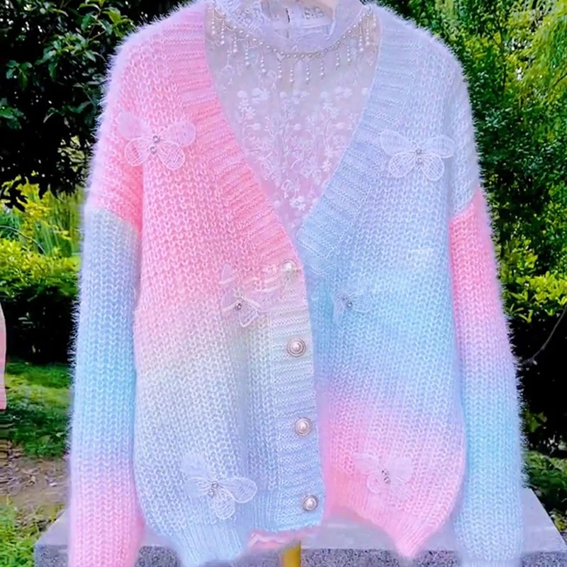 Women's Mohair Knitted Cardigans Spring Autumn New Pearl Button Butterfly Appliques Knitwear Rainbow Gradient Sweet Thin Sweater