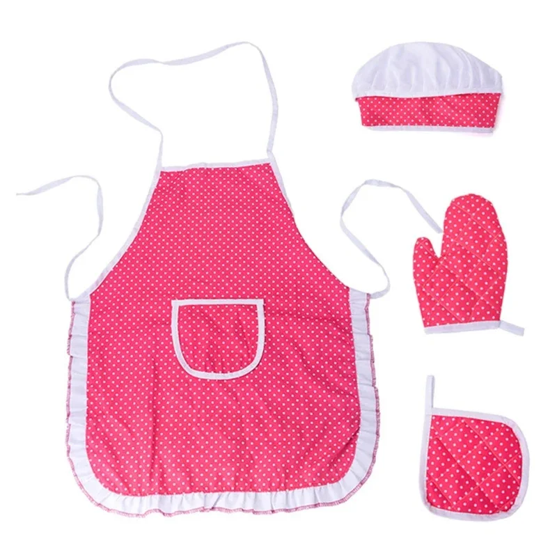 Child Cooking Apron Chef's Hat Baking Gloves Set Toddler Kiddie Pretend Role Play Game Costume Pink Plaid Dress Up Suit