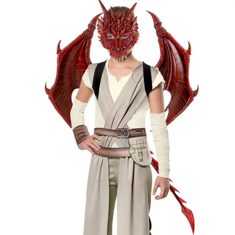 Conjunto de adereços para cosplay de dinossauro infantil, performance de palco de halloween, asas de dragão, máscara de cauda, decoração de festa de halloween para crianças