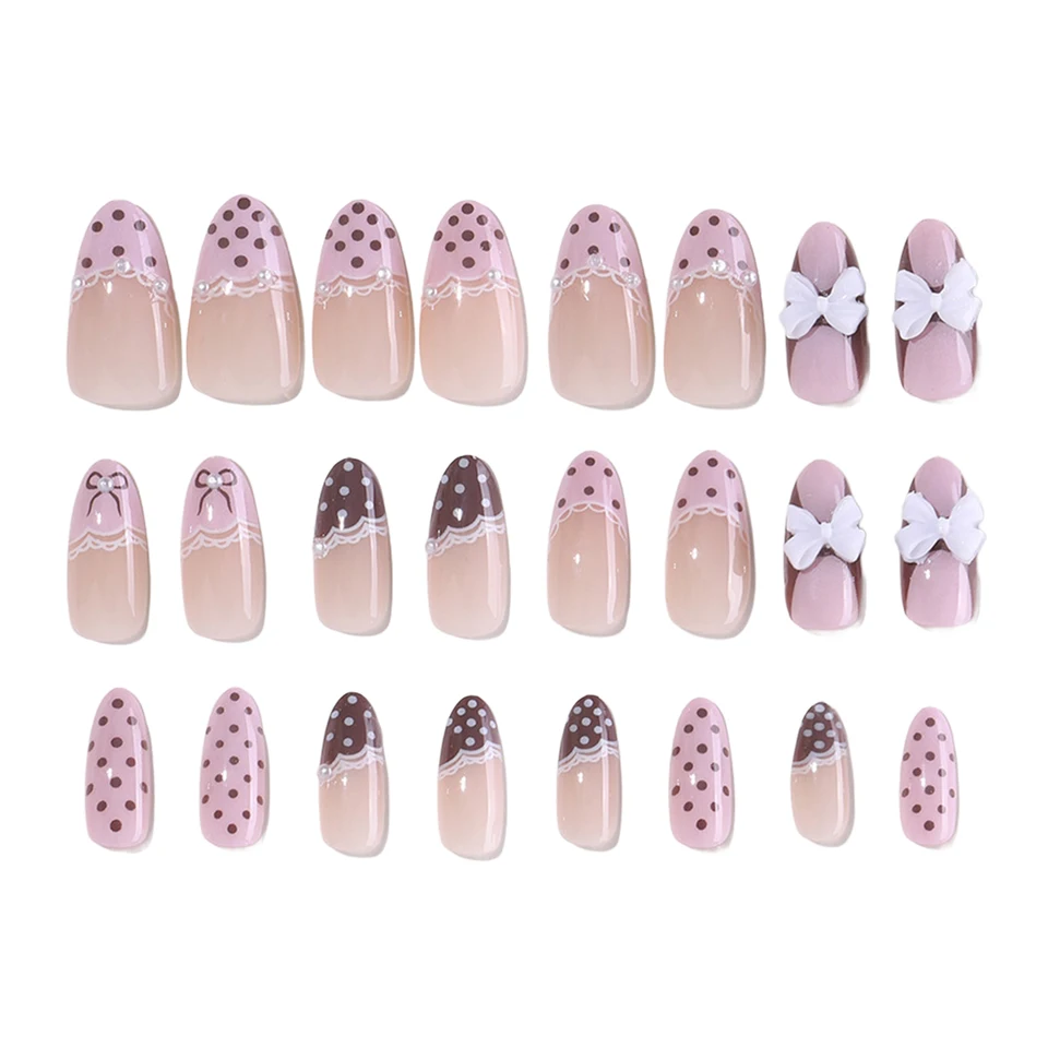 24 piezas uñas postizas rosas y marrones con lunares y encaje, estilo francés, con moño y perla, uñas de presión decorativas 3