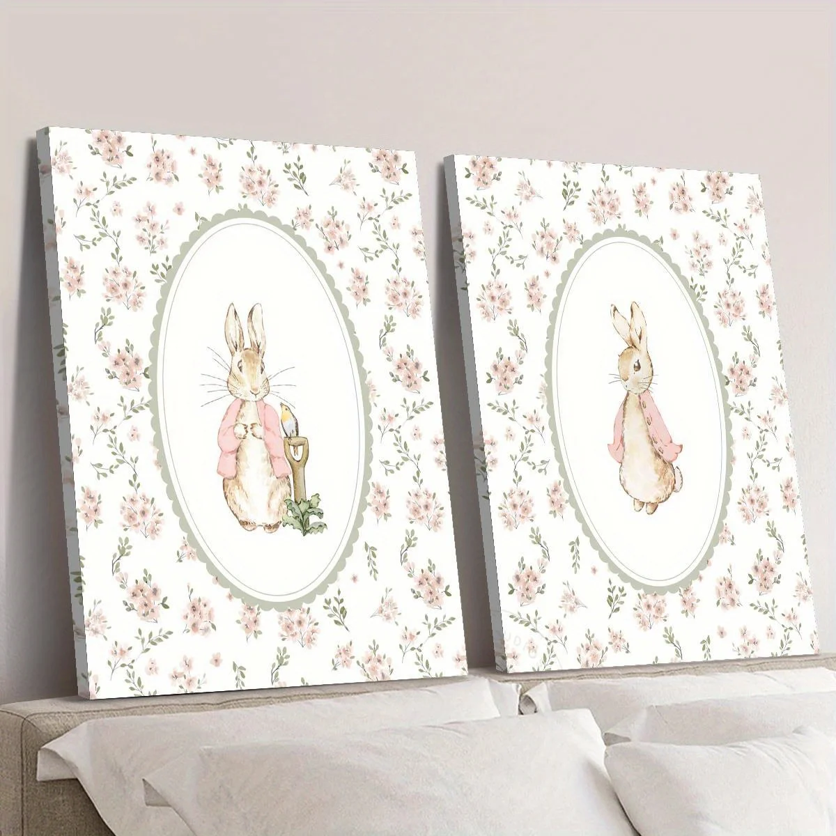 Conjunto de 2 Peças: Arte em Tela Retrô de Coelho da Páscoa, Arte de Parede para Quarto de Meninas com Flores (Sem Moldura), Impressão Vintage de Coel