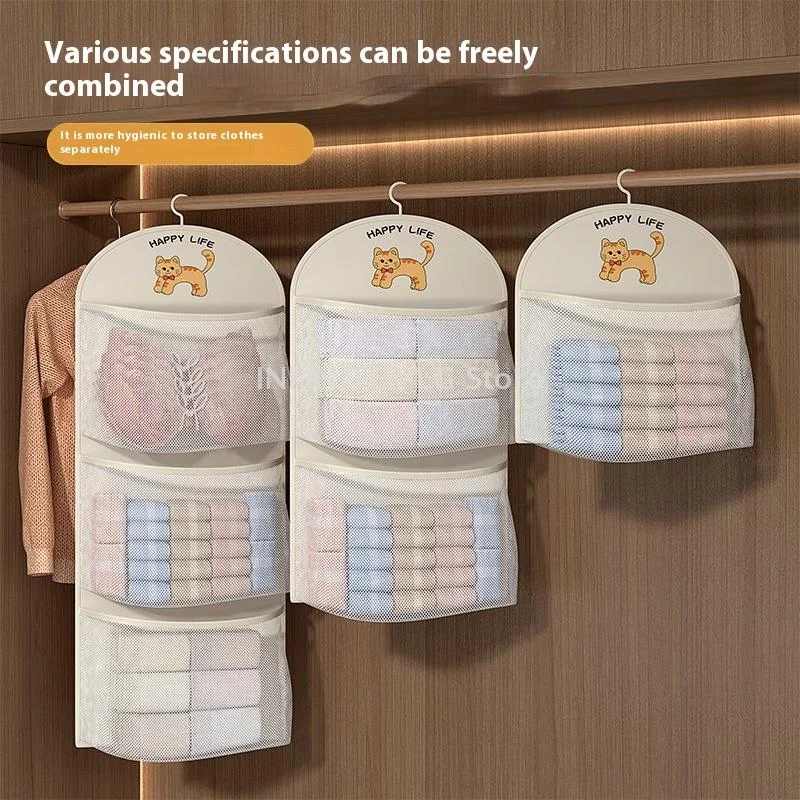 Transparent Pocket Design Three-Layer Hanging Underwear, Socks, And Bra Mesh Storage Bag Wall Mounted Storage Bags