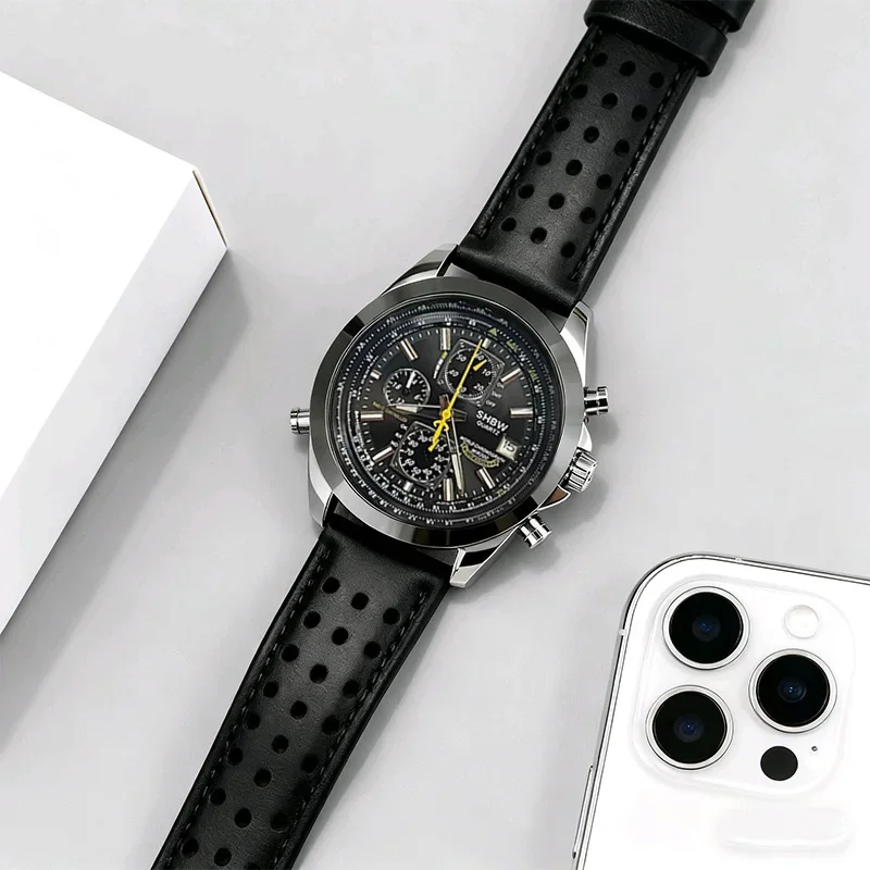Jam Tangan Pria Quartz SHBW Populer, Mewah, Trendi, Bercahaya, Kalender, Tahan Air, Multifungsi, Kronograf, Kulit, Otomatis