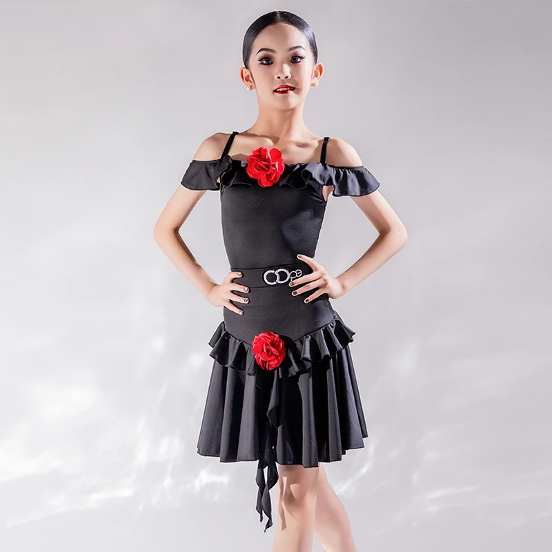 Black Off-Shoulder Latin Dance Dress Girls ChaCha Dancing Clothes Split Suit Prom Rumba Samba Dancewear Bodysuit Skirt DL11721