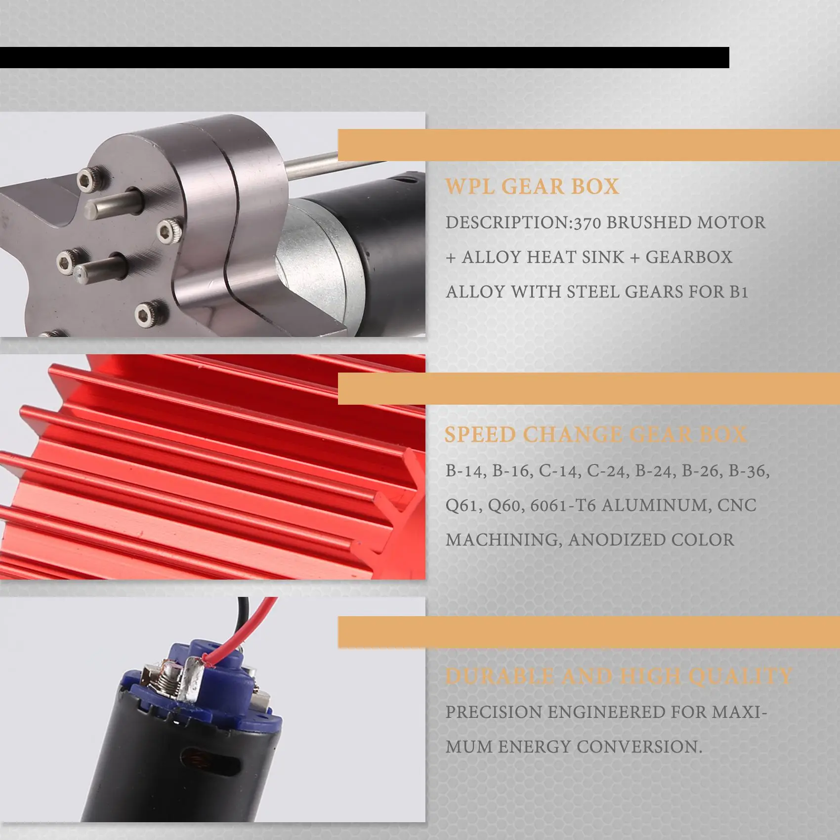 370 Motore Spazzolato + Set Dissipatore di Calore in Lega con Ingranaggi in Acciaio per C14 C24 B14 B24 B16 B36 6X6 Parti Aggiornate,Grigio